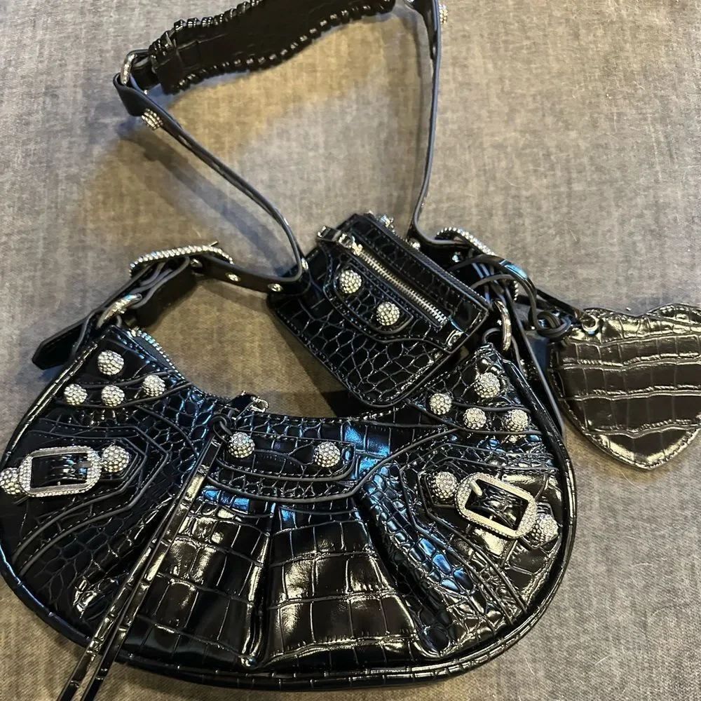 Rhinestone Bag Black Studded Bling Faux Leather